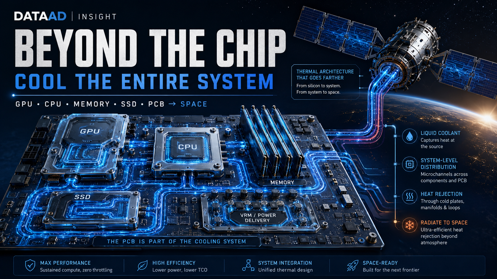 Advanced liquid-cooled AI server showing GPU CPU memory SSD power electronics and PCB-level thermal management.