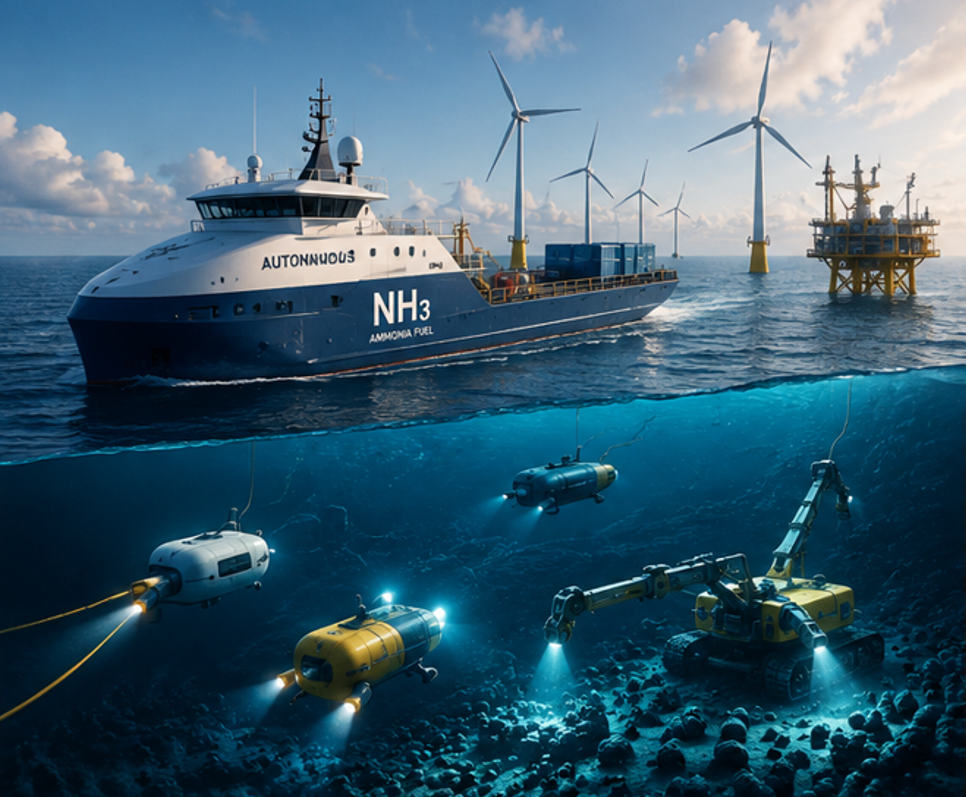 Autonomous ammonia-powered vessel working with subsea robots near offshore wind turbines and deep-ocean infrastructure.