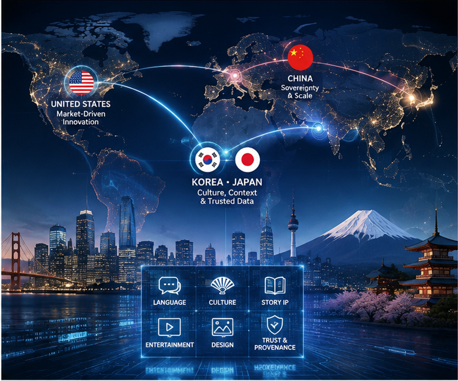 Global AI data market showing United States, China, Korea and Japan connected through technology, cultural content and artificial intelligence.