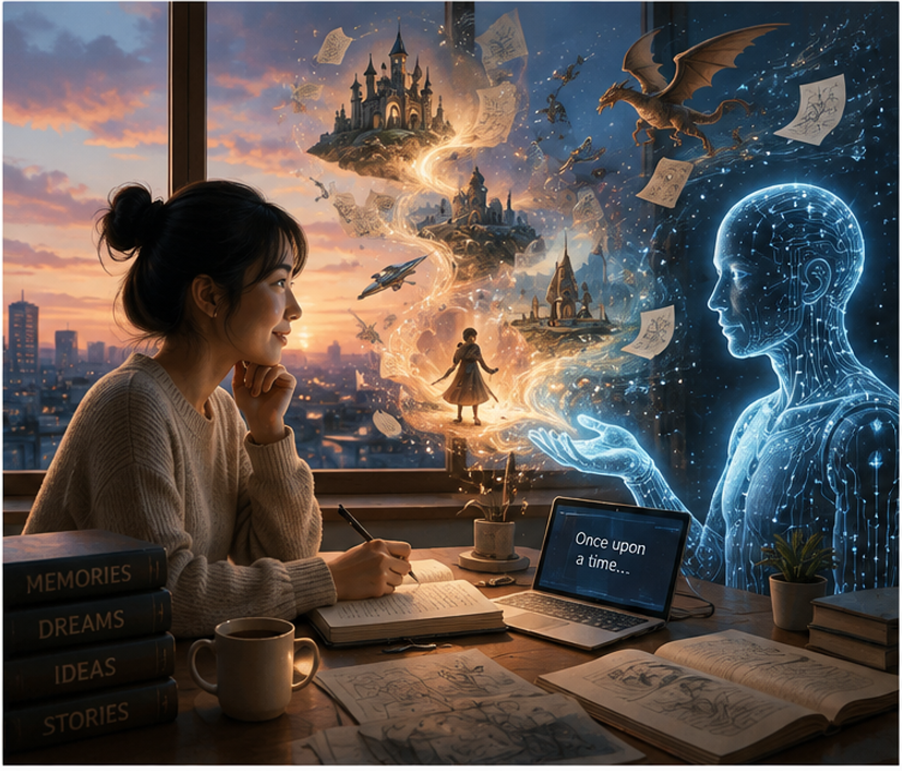 Human imagination connecting with artificial intelligence to transform memories, dreams and ideas into stories and creative works.