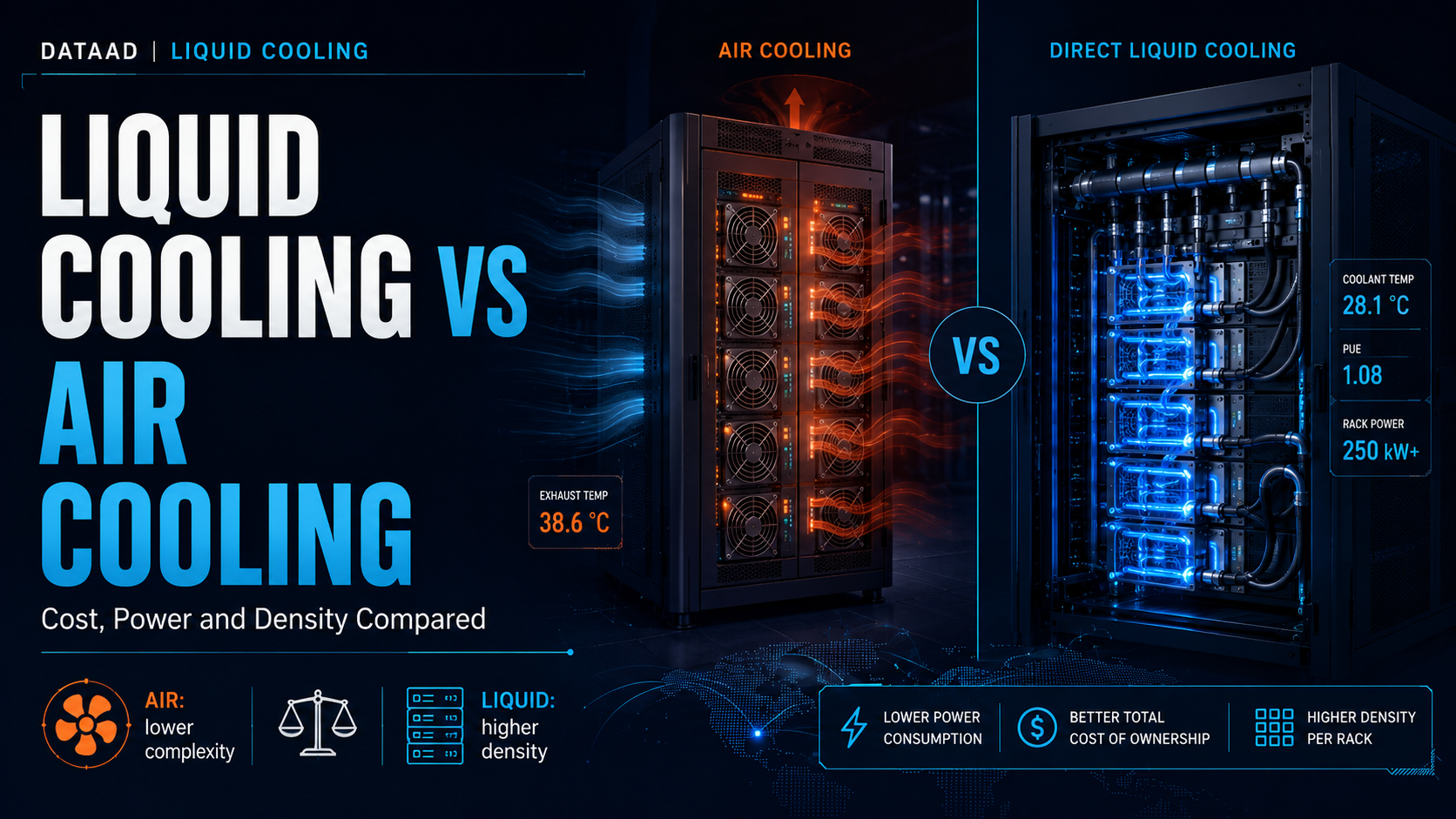 Comparison between an air-cooled data center rack and a direct liquid-cooled AI rack with cold plates, hoses, manifolds and CDU.