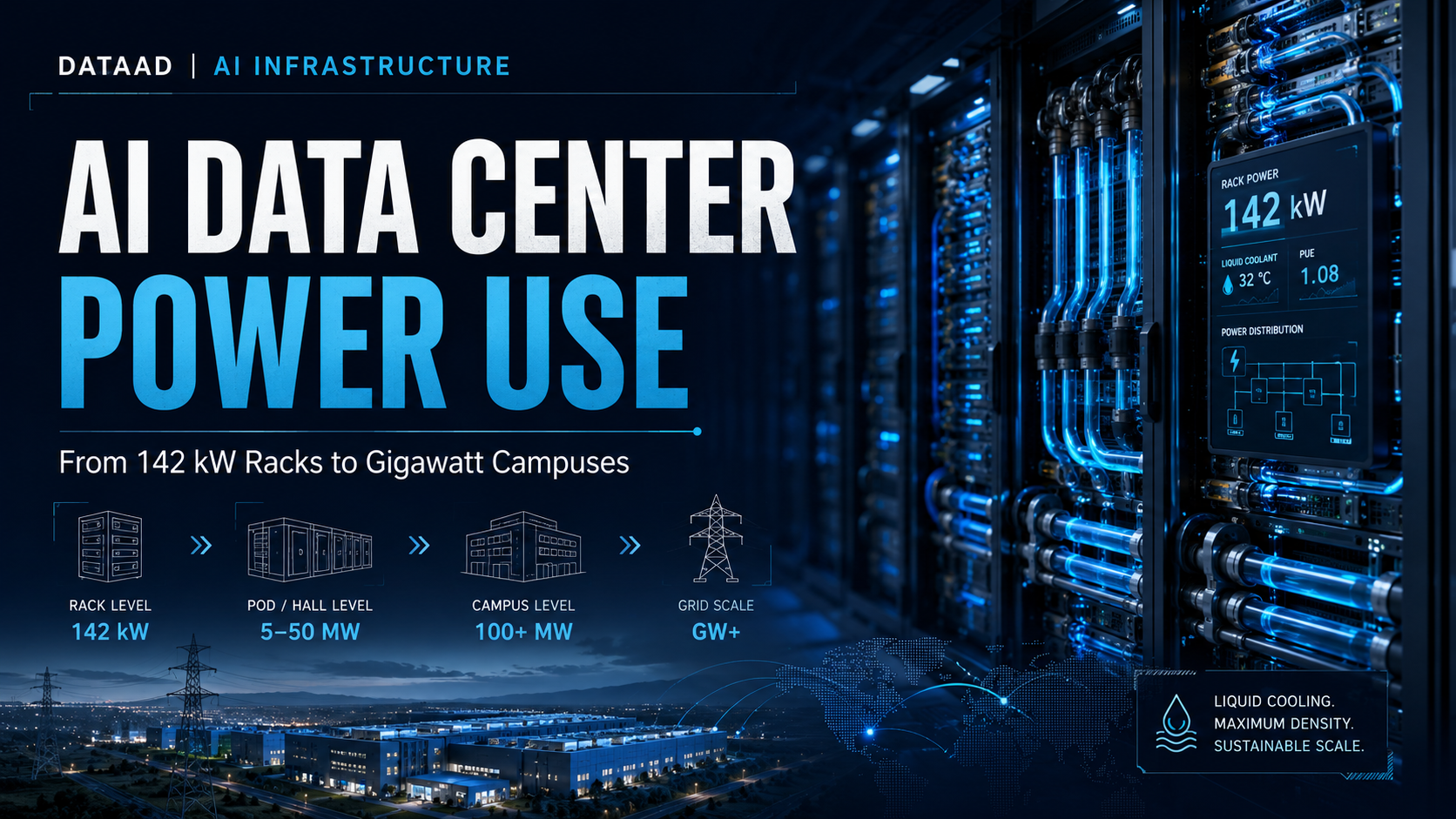High-density AI data center showing 142 kW liquid-cooled GPU racks connected to megawatt-scale electrical power infrastructure.