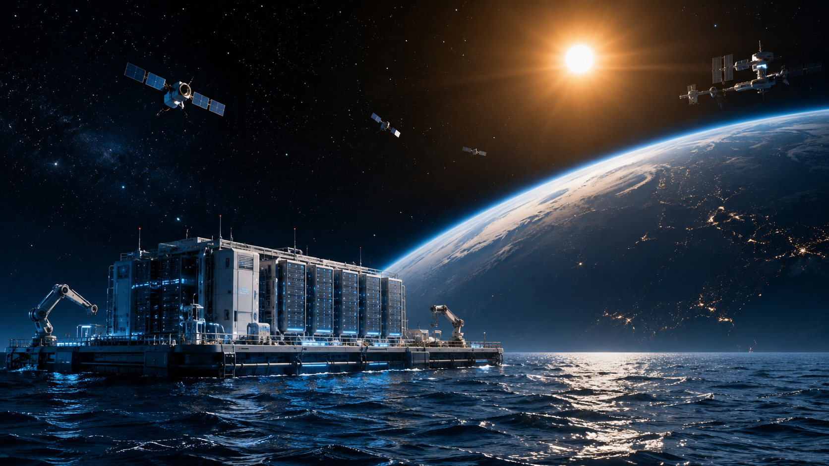 Floating offshore and orbital data centers supporting autonomous subsea robots, deep-sea resource exploration, lunar robotics and future space resource infrastructure.