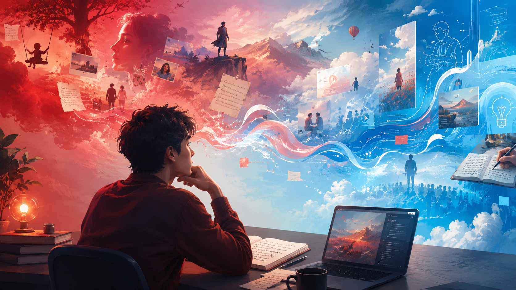 A person transforming a dream filled with memories, people and imagined scenes into stories and digital content for personal branding in the AI era.