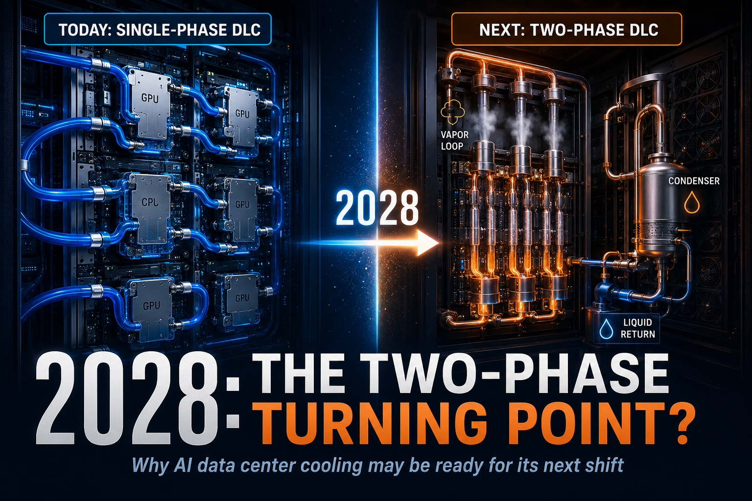 Two-phase direct liquid cooling architecture for future high-density AI servers showing vapor cold plates, coolant interfaces, manifolds, CDU and facility HVAC.
