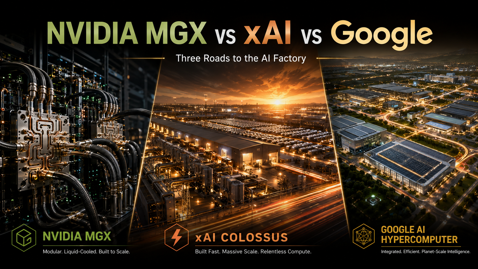 NVIDIA MGX, xAI Colossus and Google AI Hypercomputer compared as three different AI data center architectures.