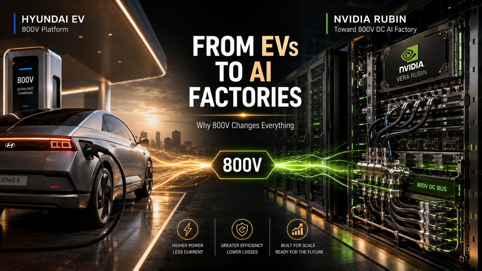 Electric vehicle 800V architecture compared with NVIDIA 800V DC AI factory power and liquid-cooled megawatt AI racks